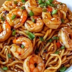 Scharfe Knoblauch-Garnelen-Nudeln auf einem Teller mit frischen Kräutern garniert